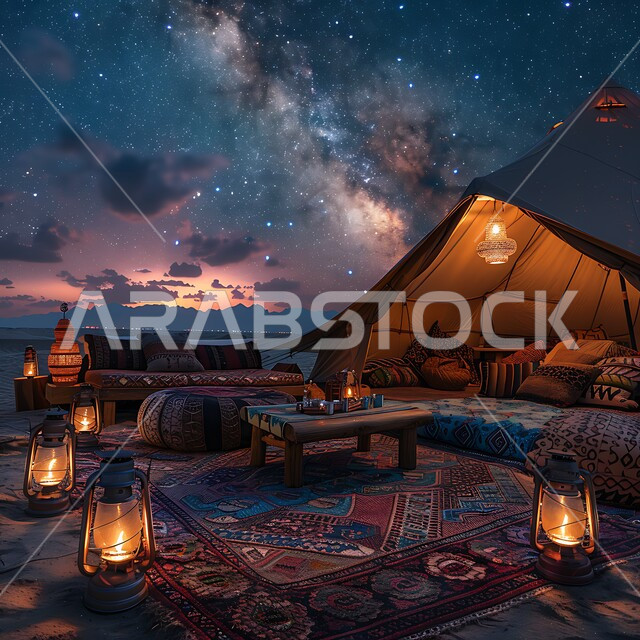 خيمة بدوية شعبية مضاءة بالفوانيس المعدنية وسط الصحراء، التضاريس والرمال الذهبية الناعمة في وقت الليل، التخييم في صحاري المملكة العربية السعودية, مخيمات سياحية في المناطق البرية، منظر السماء اللامعة بالنجوم، كشتة و جلسة بر شبابية