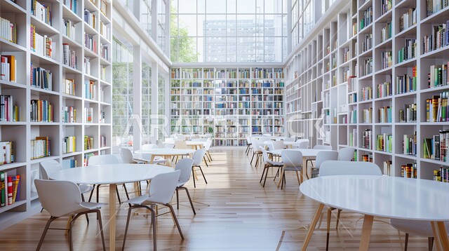 Distinctive interior decorations, famous landmarks and tourist places in the Kingdom of Saudi Arabia, a place for readers and lovers of science, books and knowledge, interior design for a library full of novels and stories arranged on white shelves, cultural and scientific books and volumes.