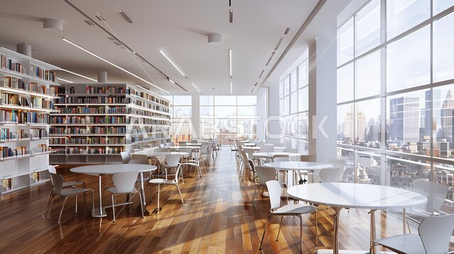 Distinctive interior decorations, famous landmarks and tourist places in the Kingdom of Saudi Arabia, a place for readers and lovers of science, books and knowledge, interior design for a library full of novels and stories arranged on white shelves, cultural and scientific books and volumes.
