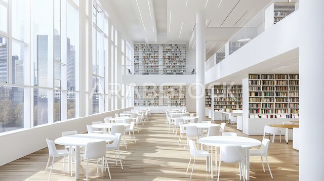 Distinctive interior decorations, famous landmarks and tourist places in the Kingdom of Saudi Arabia, a place for readers and lovers of science, books and knowledge, interior design for a library full of novels and stories arranged on white shelves, cultural and scientific books and volumes.