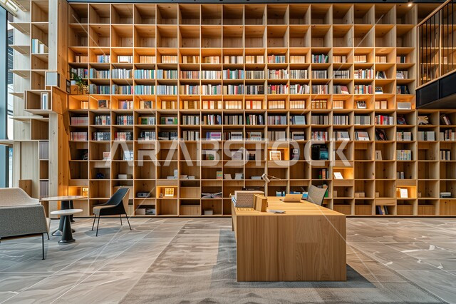 مكان للقراء ومحبي العلم والكتب والمعرفة، تصميم داخلي لمكتبة مليئة بالروايات والقصص المرتبة على الأرفف البيضاء، الديكورات الداخليه المتميزة، معالم وأماكن سياحية مشهورة في المملكة العربية السعودية,  كتب ومجلدات ثقافية وعلمية