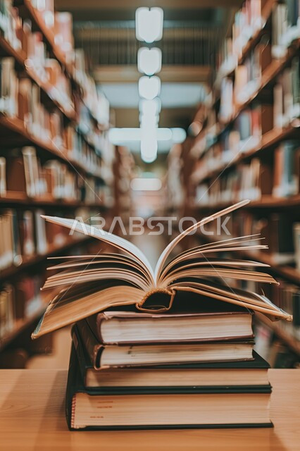 الكتب والمراجع الثقافية والعلمية على الطاولة في المكتبة، مكان للقراء ومحبي العلم والكتب والمعرفة، تصميم داخلي لمكتبة مليئة بالروايات والقصص المرتبة على الأرفف البيضاء، الديكورات الداخليه المتميزة، ممارسة هواية القراءة والمطالعة، التزود بالمعلومات والثقافة