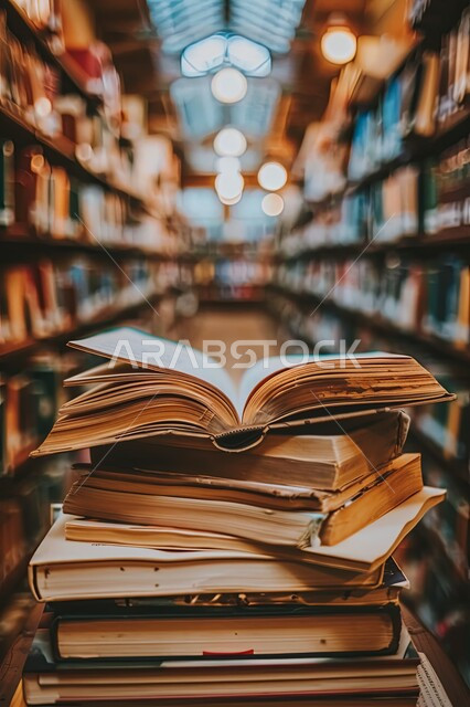 المراجع  الثقافية والكتب العلمية على الطاولة في المكتبة، مكان للقراء ومحبي العلم والكتب والمعرفة، تصميم داخلي لمكتبة مليئة بالروايات والقصص المرتبة على الأرفف البيضاء، الديكورات الداخليه المتميزة، ممارسة هواية القراءة والمطالعة، التزود بالمعلومات والثقافة