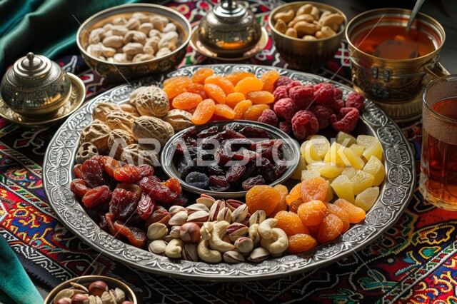 وجبة غذائية عالية الأهمية، محاصيل زراعية ومنتجات محلية سعودية وطنية، أطباق مليئة بالتمر والفواكه المجففة واللوز الطازجة، تمور ومكسرات صحية لذيذة، ضيافة رمضانية و مشروبات ساخنة شهية، غذاء صحي ومفيد
