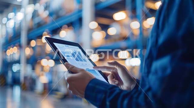 تسريع عمل الآلات والمعدات في المعمل، الاشراف على المشاريع باستخدام التقنية والتكنولوجيا, وظائف ومهن هندسية سعودية، التحول والتطور التقني الحديث، صورة مقربة لمهندس مصانع عربي خليجي سعودي يرتدي سترة الحماية يحمل بيده جهاز التابلت