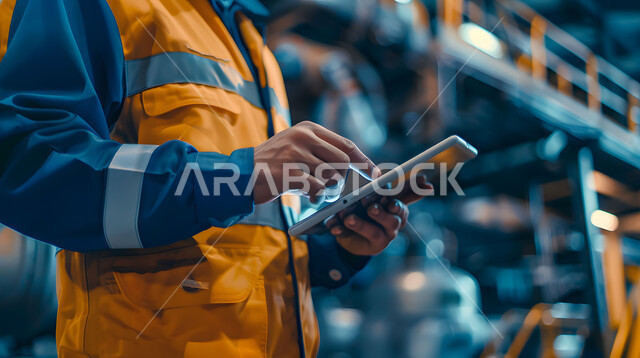 تسهيل عمل آلات ومعدات المعمل، الاشراف على المشاريع باستخدام التقنية والتكنولوجيا, وظائف ومهن هندسية سعودية، التحول والتطور التقني الحديث، صورة مقربة لمهندس مصانع عربي خليجي سعودي يرتدي سترة الحماية يحمل بيده جهاز التابلت