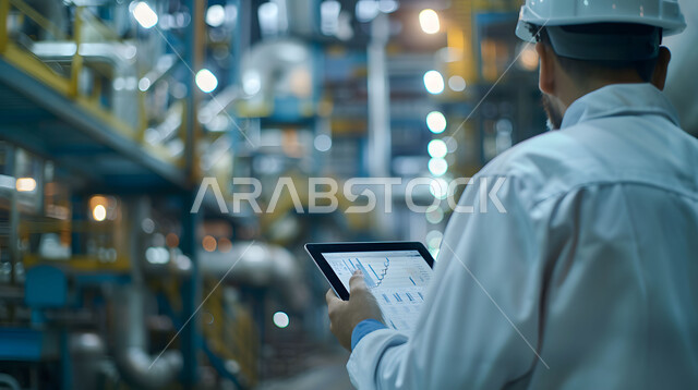 Using modern techniques and technology in engineering, achieving the industrial revolution, quality production and manufacturing, a close-up photo of a Saudi Arabian Gulf engineer wearing a safety vest and helmet, monitoring the progress of the factory’s work using a tablet, Saudi engineering professions and jobs