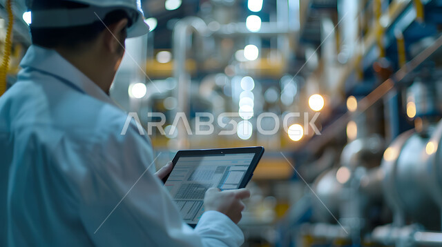 The use of modern techniques and technology in engineering, achieving the industrial revolution, quality of production and manufacturing, a close-up picture of a Saudi Arabian Gulf engineer wearing a safety vest and helmet, monitoring the progress of the factory’s work using a tablet, Saudi engineering professions and jobs