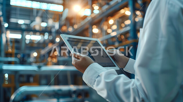 متابعة عمل آلات ومعدات المعمل والتحكم بهم باستخدام التقنية والتكنولوجيا, التحول والتطور التقني الحديث، صورة مقربة لمهندس مصانع عربي خليجي سعودي يرتدي سترة الحماية يحمل بيده جهاز التابلت، مهن ووظائف هندسية سعودية