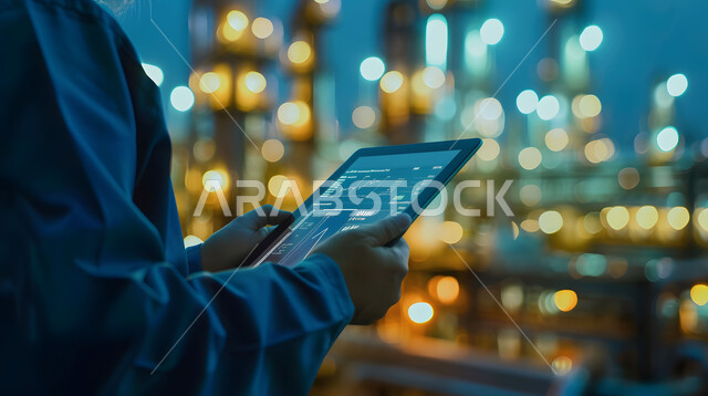 إدارة عمل آلات ومعدات المعمل، الاشراف على المشاريع باستخدام التقنية والتكنولوجيا, وظائف ومهن هندسية سعودية، التحول والتطور التقني الحديث، صورة مقربة لمهندس مصانع عربي خليجي سعودي يرتدي سترة الحماية يحمل بيده جهاز التابلت