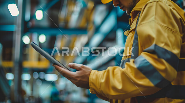 Supervising projects, using technology and technology, Saudi engineering jobs and professions, controlling the work of factory machines and equipment, modern technical transformation and development, a close-up photo of a Saudi Arabian Gulf factory engineer wearing a protective jacket and holding a tablet in his hand.