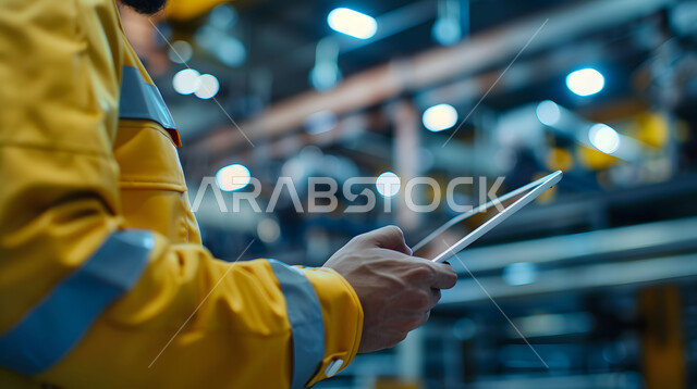 وظائف ومهن هندسية سعودية، التحكم بعمل آلات ومعدات المعمل ومراقبتها باستخدام التقنية والتكنولوجيا, التحول والتطور التقني الحديث، صورة مقربة لمهندس مصانع عربي خليجي سعودي يرتدي سترة الحماية يحمل بيده جهاز التابلت