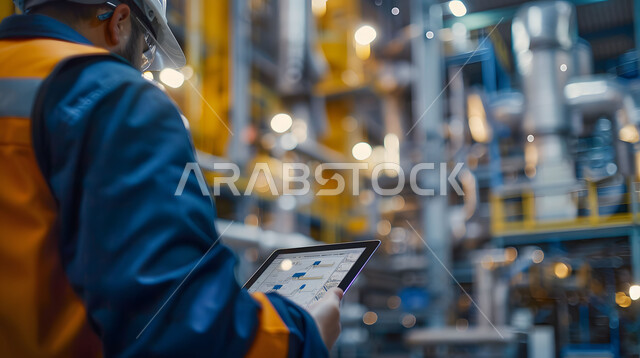 مهن ووظائف هندسية سعودية، التحكم بعمل آلات ومعدات المعمل ومراقبتها باستخدام التقنية والتكنولوجيا, التحول والتطور التقني الحديث، صورة مقربة لمهندس مصانع عربي خليجي سعودي يرتدي سترة الحماية يحمل بيده جهاز التابلت