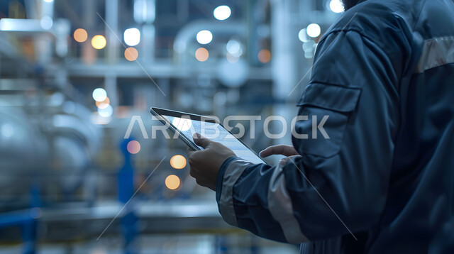 التحكم بعمل آلات ومعدات المعمل ومراقبتها باستخدام التقنية والتكنولوجيا, التحول والتطور التقني الحديث، صورة مقربة لمهندس مصانع عربي خليجي سعودي يرتدي سترة الحماية يحمل بيده جهاز التابلت، مهن ووظائف هندسية سعودية