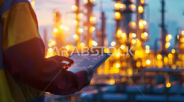 التطور والتحول التقني الحديث، متابعة عمل آلات ومعدات المعمل والتحكم بهم باستخدام التقنية والتكنولوجيا, صورة مقربة لمهندس مصانع عربي خليجي سعودي يرتدي سترة الحماية يحمل بيده جهاز التابلت، مهن ووظائف هندسية سعودية