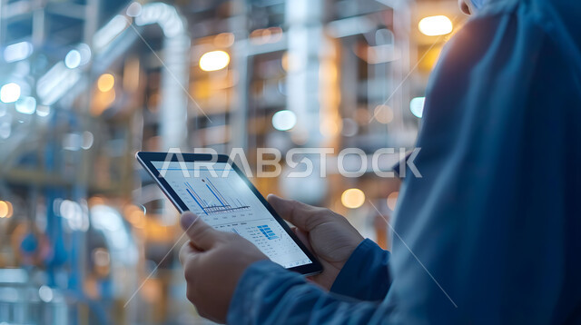 وظائف ومهن هندسية سعودية، جودة الانتاج والتصنيع، اعتماد التقنيات والتكنولوجيا الحديثة في الهندسة، تحقيق الثورة الصناعية، صورة مقربة لمهندس عربي سعودي خليجي يرتدي سترة السلامة يقوم بمتابعة سير أعمال المصنع بإستخدام جهاز التابلت