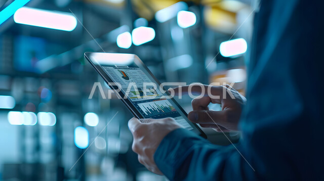 جودة الانتاج والتصنيع، اعتماد التقنيات والتكنولوجيا الحديثة في الهندسة، تحقيق الثورة الصناعية، صورة مقربة لمهندس عربي سعودي خليجي يرتدي سترة السلامة يقوم بمتابعة سير أعمال المصنع بإستخدام جهاز التابلت، مهن ووظائف هندسية سعودية