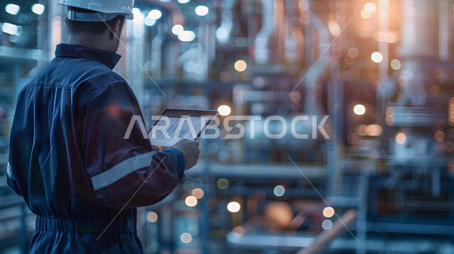 اعتماد التقنيات والتكنولوجيا الحديثة في الهندسة، تحقيق الثورة الصناعية، جودة الانتاج والتصنيع، صورة مقربة لمهندس عربي سعودي خليجي يرتدي سترة السلامة والخوذة يقوم بمتابعة سير أعمال المصنع بإستخدام جهاز التابلت، مهن ووظائف هندسية سعودية