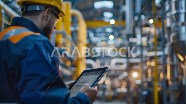 Achieving the industrial revolution, adopting modern techniques and technology in engineering, quality production and manufacturing, a close-up photo of a Saudi Arabian Gulf engineer wearing a safety vest and helmet monitoring the progress of the factory’s work using a tablet, Saudi engineering professions and jobs