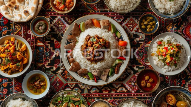 مأكولات شعبيه عربيه اماراتية خليجيه جاهزه للتقديم, طبق من الأرز الأبيض مع قطع من الدجاج واللحم والخضار, سفرة مليئة بالأصناف والمقبلات اللذيذة، أطباق الطعام التقليدي الشهي