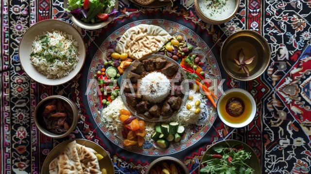 سفرة مليئة بالأصناف والمقبلات اللذيذة، طبق من الأرز الأبيض مع قطع من الدجاج واللحم والخضار, مأكولات شعبيه عربيه اماراتية خليجيه جاهزه للتقديم, أطباق الطعام التقليدي الشهي