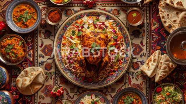 مائدة مليئة بالأصناف والمقبلات اللذيذة، أطعمة ومأكولات شعبيه عربيه اماراتية خليجيه جاهزه للتقديم، أطباق الطعام التقليدي الشهي، طبق من أرز المندي مع الدجاج المشوي والخضار