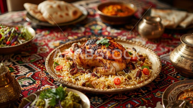 وجبات ومأكولات شعبيه عربيه اماراتية خليجيه جاهزه للتقديم، مائدة مليئة بالأصناف والمقبلات اللذيذة، أطباق الطعام التقليدي الشهي، طبق من أرز المندي مع الدجاج المشوي والخضار