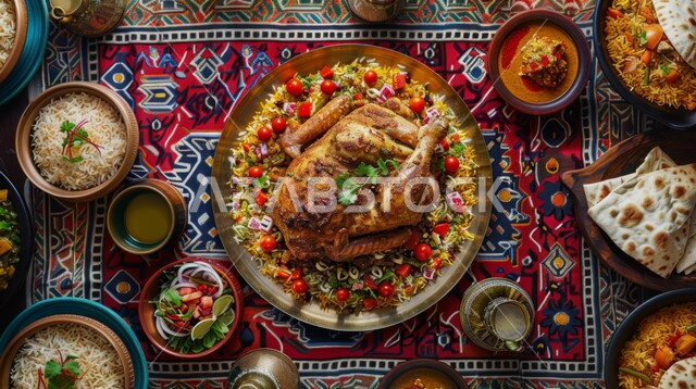 الأصناف والمقبلات اللذيذة، مائدة مليئة بوجبات ومأكولات شعبيه عربيه اماراتية خليجيه جاهزه للتقديم، أطباق الطعام التقليدي الشهي، طبق من أرز المندي مع الدجاج المشوي والخضار