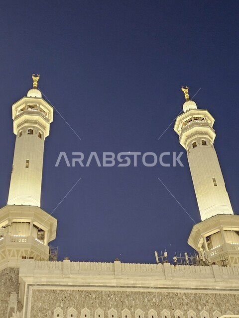 Minarets of the Prophet’s Mosque in Medina, decorations and designs in the Islamic style, worship and closeness to God, sacred religious places and landmarks in the Kingdom of Saudi Arabia