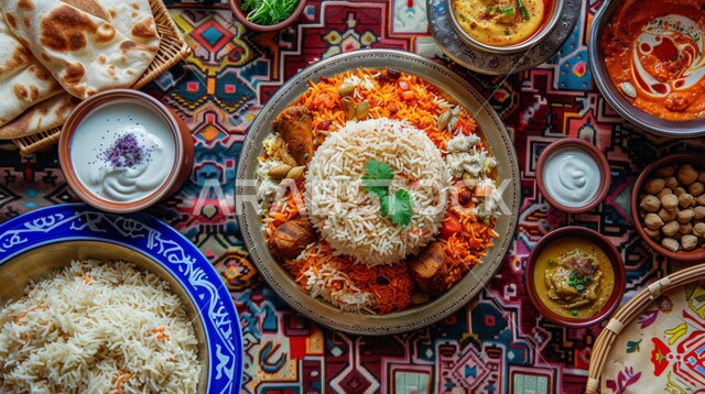 أطباق ووجبات عربية تقليدية شعبية، طبق من أرز المندي و قطع اللحم المطهية، وصفات الأطعمة والمأكولات الشرقية، فنون تقديم الطعام في مطاعم في المملكة العربية السعودية