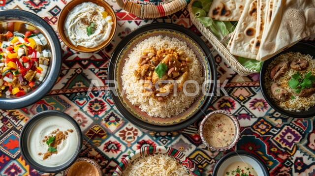 A plate of white rice and cooked chicken pieces, popular traditional Arabic dishes and meals, recipes for oriental foods and cuisine, the arts of catering in restaurants in the Kingdom of Saudi Arabia.