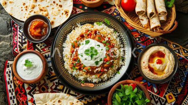 المقبلات والتوابل المتنوعة، طبق من الأرز الأبيض و قطع الدجاج المطهية، أطباق ووجبات عربية تقليدية شعبية، وصفات الأطعمة والمأكولات الشرقية، فنون تقديم الطعام في مطاعم في المملكة العربية السعودية