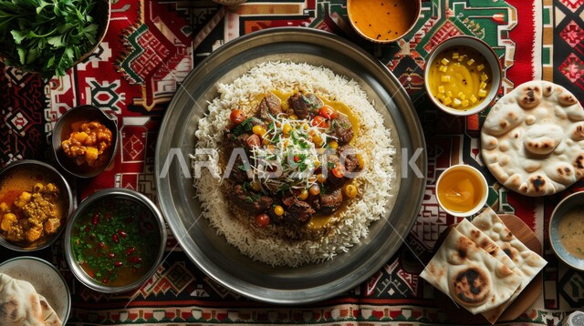 التوابل والمقبلات المتنوعة، طبق من الأرز الأبيض و قطع الدجاج المطهية، أطباق ووجبات عربية تقليدية شعبية، وصفات الأطعمة والمأكولات الشرقية، فنون تقديم الطعام في مطاعم في المملكة العربية السعودية