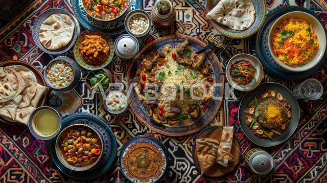 فنون تقديم الطعام في مطاعم في المملكة العربية السعودية، التوابل والمقبلات المتنوعة، طبق من أرز المندي المطبوخ، صحن رز كبسة شهي، أطباق ووجبات عربية تقليدية شعبية، وصفات الأطعمة والمأكولات الشرقية