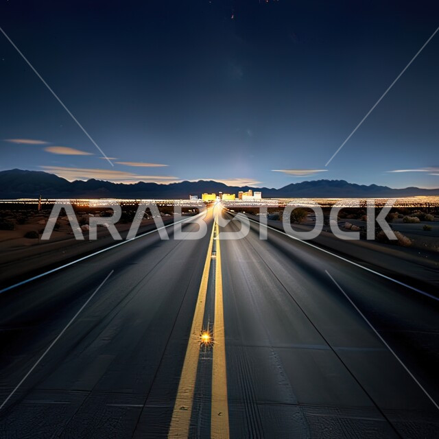Car route, modern streets marked with a yellow line, well-lit public roads at night, urban and architectural development in the Kingdom of Saudi Arabia