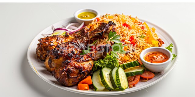 جودة الوصفات العربية التقليدية, طبق من قطع الدجاج مع التوابل والنكهات الخليجية الشهية ورز المندي مع الخضار، وصفات طعام المطبخ السعودي، مطاعم للمأكولات العربية الشرقية في المملكة العربية السعودية, وجبات وأطباق شعبية، خلفية بيضاء