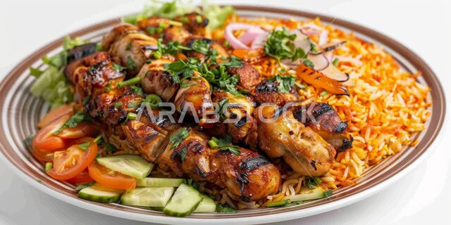 مطاعم للمأكولات العربية الشرقية في المملكة العربية السعودية, وصفات طعام المطبخ السعودي، طبق من قطع اللحم مع التوابل والنكهات الخليجية الشهية ورز الكبسة مع الخضار، جودة الوصفات العربية التقليدية, وجبات وأطباق شعبية، خلفية بيضاء