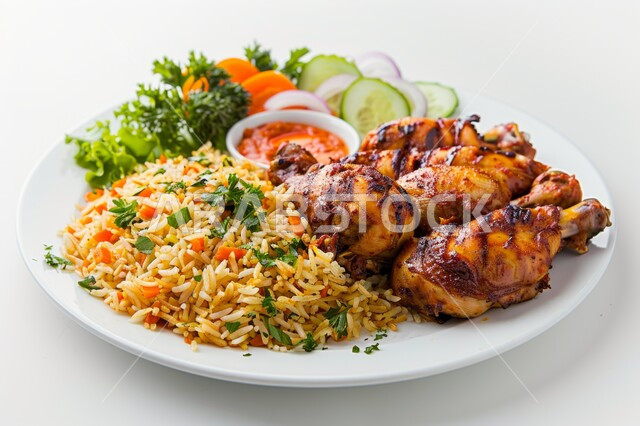 Popular meals and dishes, Mandi rice cooked with vegetables, restaurants for eastern Arab food in the Kingdom of Saudi Arabia, Saudi cuisine food recipes, a plate of grilled chicken pieces with delicious Gulf spices and flavours, the quality of traditional Arabic recipes, white background
