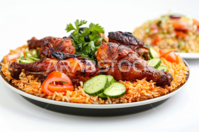 صحن من رز المندي المطبوخ مع الخضار وقطع الدجاج المشوية مع التوابل والنكهات الخليجية الشهية، وجبات وأطباق شعبية، مطاعم للمأكولات العربية الشرقية في المملكة العربية السعودية, وصفات طعام المطبخ السعودي، جودة الوصفات العربية التقليدية, خلفية بيضاء