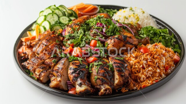 أطباق ووجبات شعبية، صحن من رز المندي المطبوخ مع الخضار وقطع الدجاج المشوية مع التوابل والنكهات الخليجية الشهية، مطاعم للمأكولات العربية الشرقية في المملكة العربية السعودية, وصفات طعام المطبخ السعودي، جودة الوصفات العربية التقليدية, خلفية بيضاء