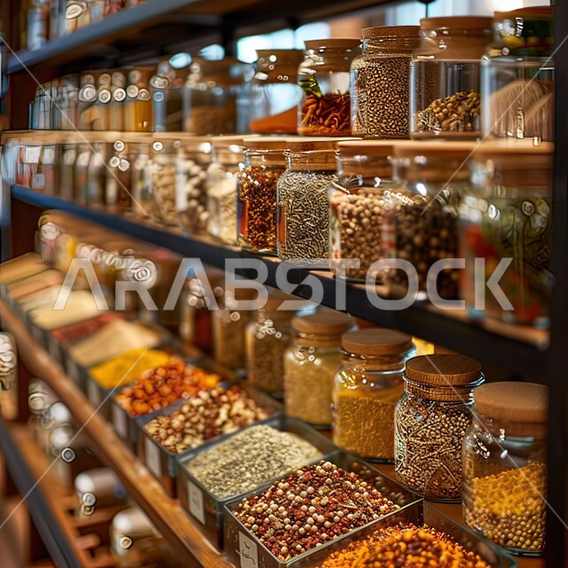 رفوف لعرض التوابل الملونة والمتنوعة، الاسواق التقليدية الشعبية لبيع البهارات والعطريات, منكهات وملونات طبيعية للمأكولات والأطعمة، محاصيل زراعية وطنية، جودة المنتجات المحلية السعودية