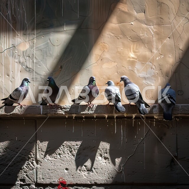 مجموعة من الحمام تقف على فناء لبيت سعودي قديم, بناء أثري في المملكة العربية السعودية, طيور  ملونة في ضوء الشمس