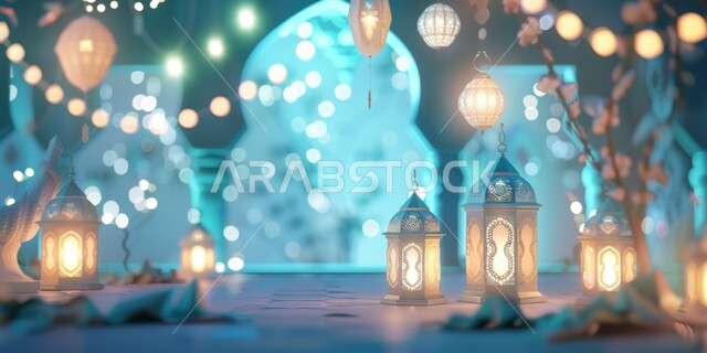 Ramadan religious atmosphere, traditional Arabic metal lamp, decorations and lights for the month of goodness, Islamic geometric antiques and designs and decorations, illuminated Ramadan lantern