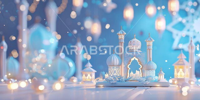 الإضاءة والزينة في رمضان المبارك،رسوم توضيحية تعبر عن الاحتفال بقدوم شهر الخير, التزيين بالديكورات والاكسسوارات الرمضانية, خلفية تهنئة دينية 