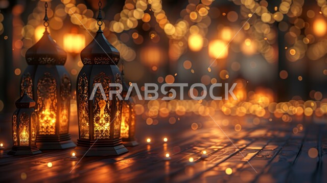 أجواء روحانية في الأعياد والمناسبات الاسلامية, الاضاءة والزينة في رمضان المبارك، التزيين بالديكورات والاكسسوارات الرمضانية لاستقبال شهر الخير، صورة مقربة لمصابيح مزخرفة مضيئة المعلقة