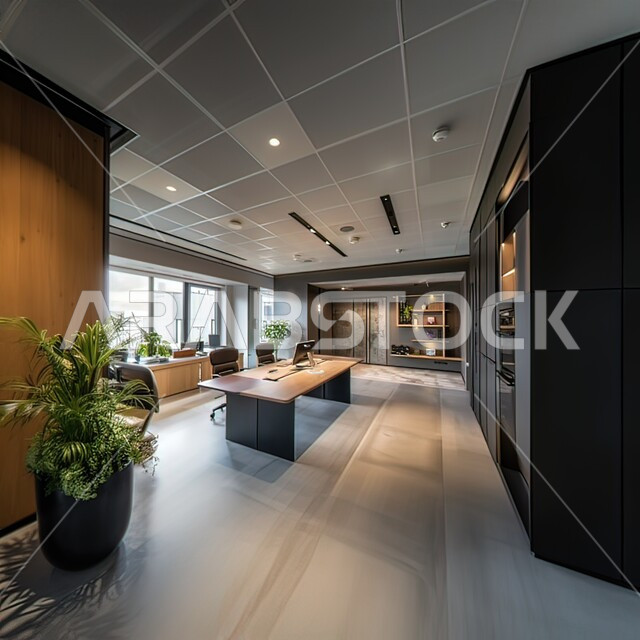  تصاميم داخلية وديكورات راقية خشبية على الطراز الحديث, واجهات زجاجية كبيرة في مكاتب العمل، تجهيزات مكتبية حديثة وأثاث أنيق ومريح،تصاميم عصرية حديثة لمكاتب الشركات السعودية،