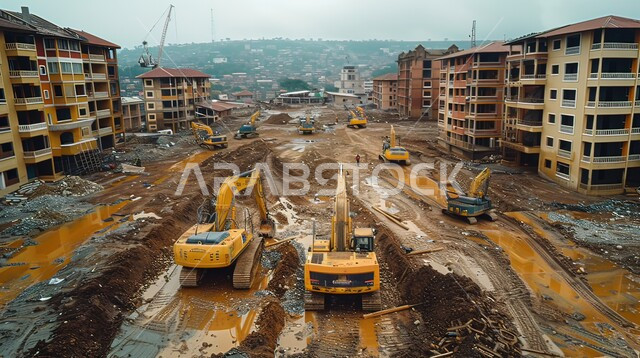 Modern projects in the Kingdom of Saudi Arabia, construction site and foundation laying, large bulldozers digging and transporting dirt, contemporary projects seeking to advance society