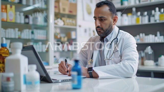 مهنة الصيدلة وتقديم الدواء, لرجل صيدلاني عربي سعودي خليجي يعمل في الصيدلية ، يعطي تعليمات عن كيفية استخدام الدواء ،تحضير الادوية المناسبة للوصفة الطبية ، تقديم الرعاية الصحية