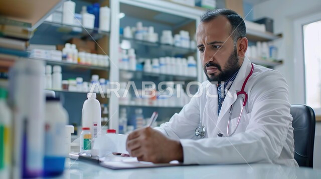 A Saudi Arabian Gulf pharmacist working in a pharmacy, wearing a white coat, writing a prescription, preparing the appropriate medications for the prescription, providing health care, the profession of pharmacy