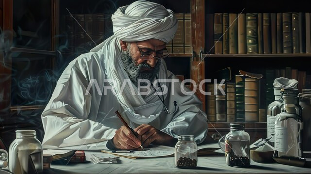 ارتباط الصيدلة والطب ببعضهما منذ العصور القديمة, تقديم الرعايه الصحيه، متابعة المرضى وتدوين حالاتهم المرضيه، طبيب عربي في التاريخ القديم يرتدي السماعة الطبية يقوم بمراجعة وصفة دوائية, كتابة العلاجات اللازمة